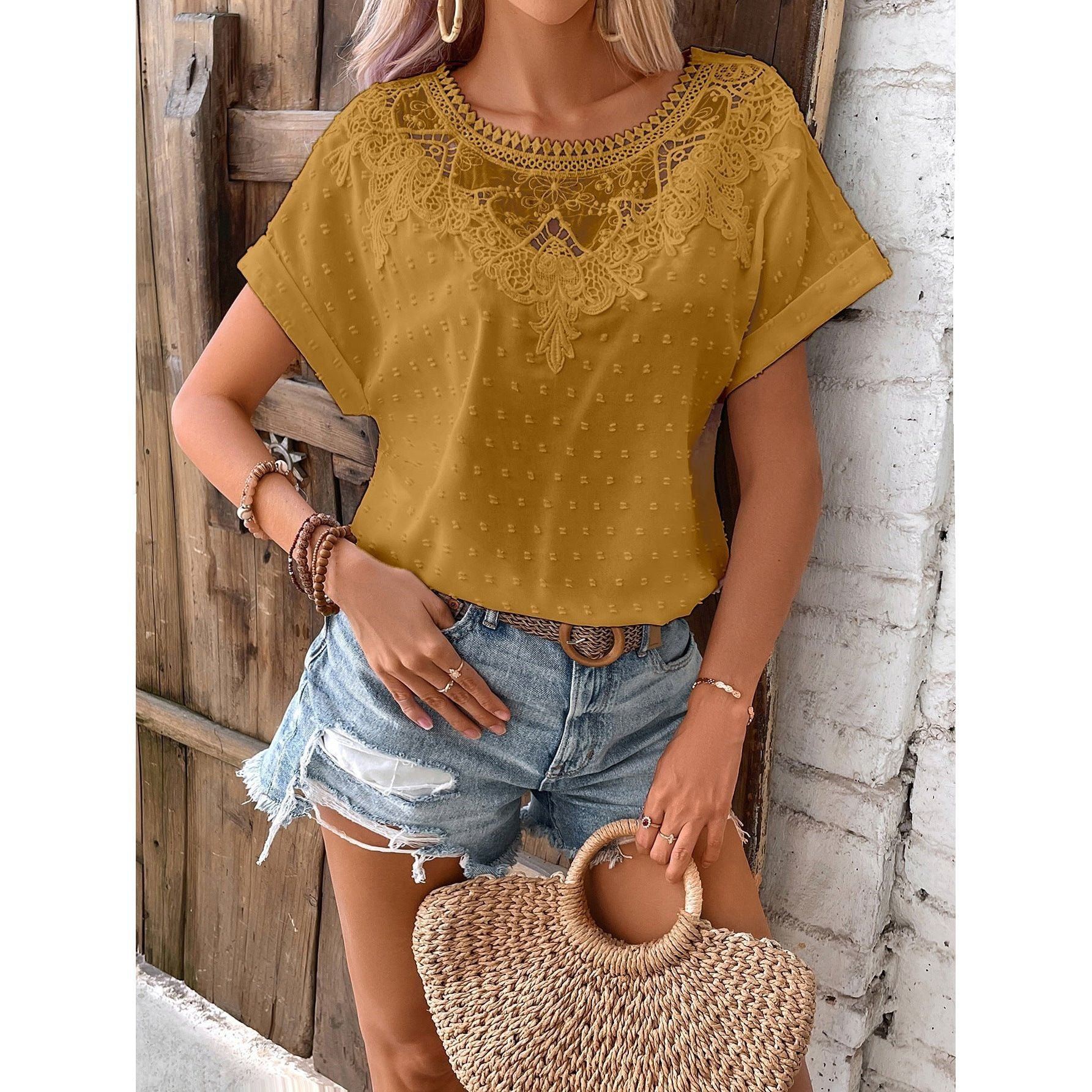 Lace Ruffled Short Sleeves T-shirt Loose All-matching Top