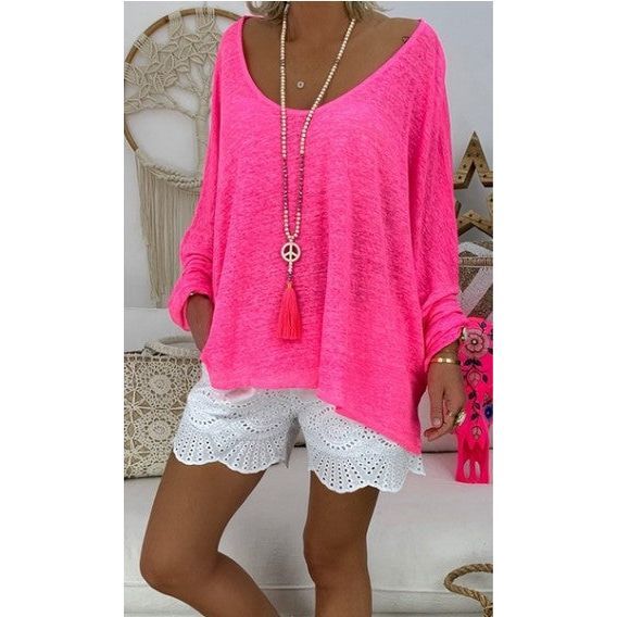 European And American Women's Clothing Solid Color Plus Size Versatile Loose Long Sleeves T-shirt