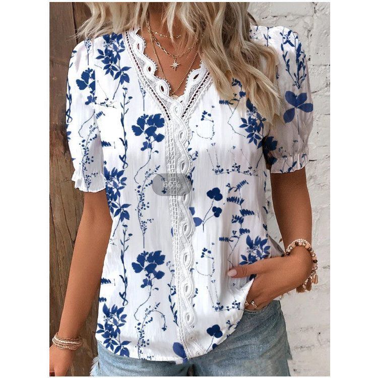 V Neck Lace Short Sleeve Printing For Fashion