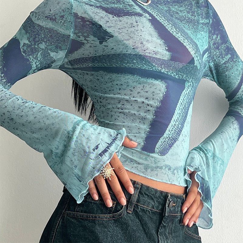 Fashion Trend Abstract Printing Bell Sleeve Short Top