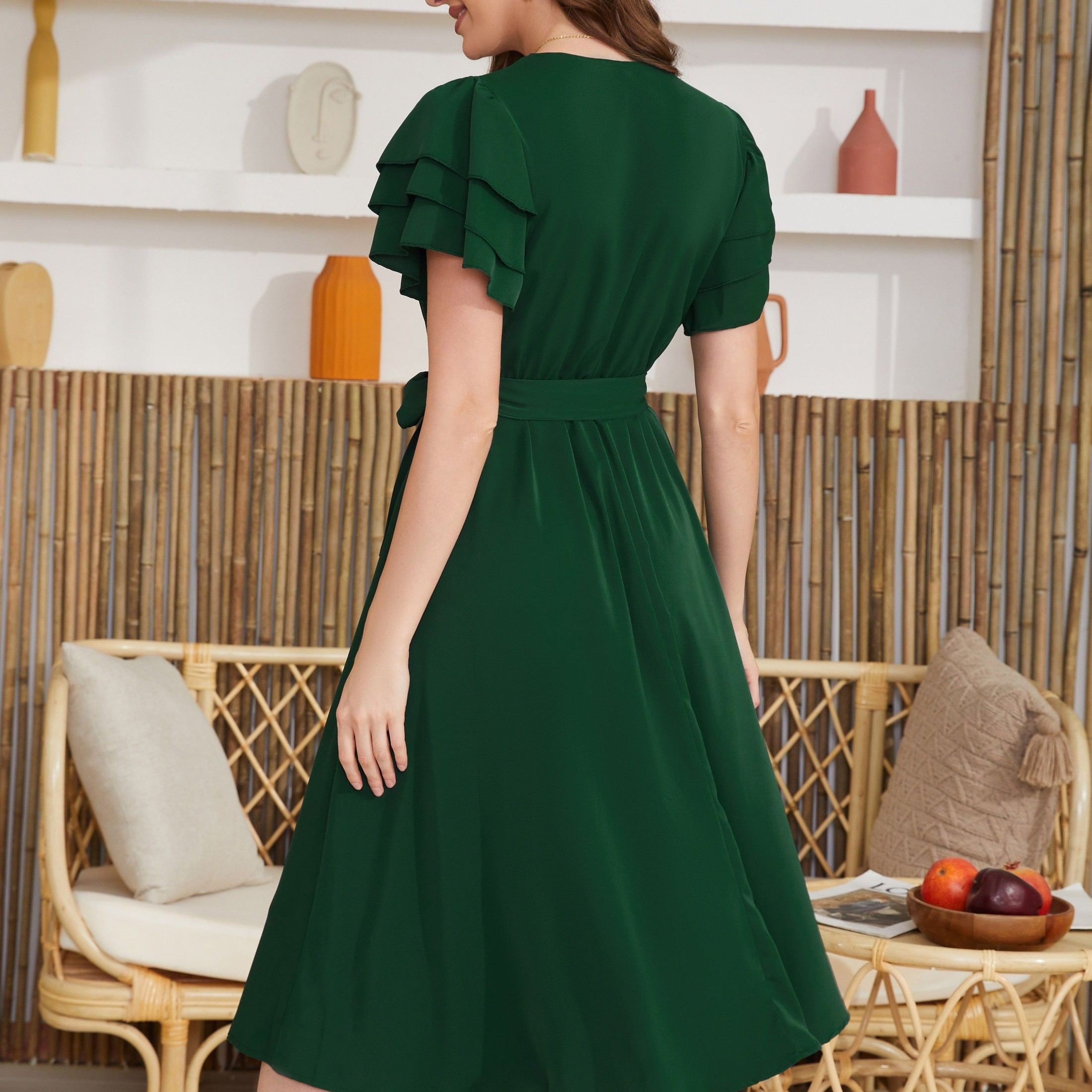 Belted Layered Ruffle Hem Dress, Casual V Neck Short Sleeve Dress, Women's Clothing