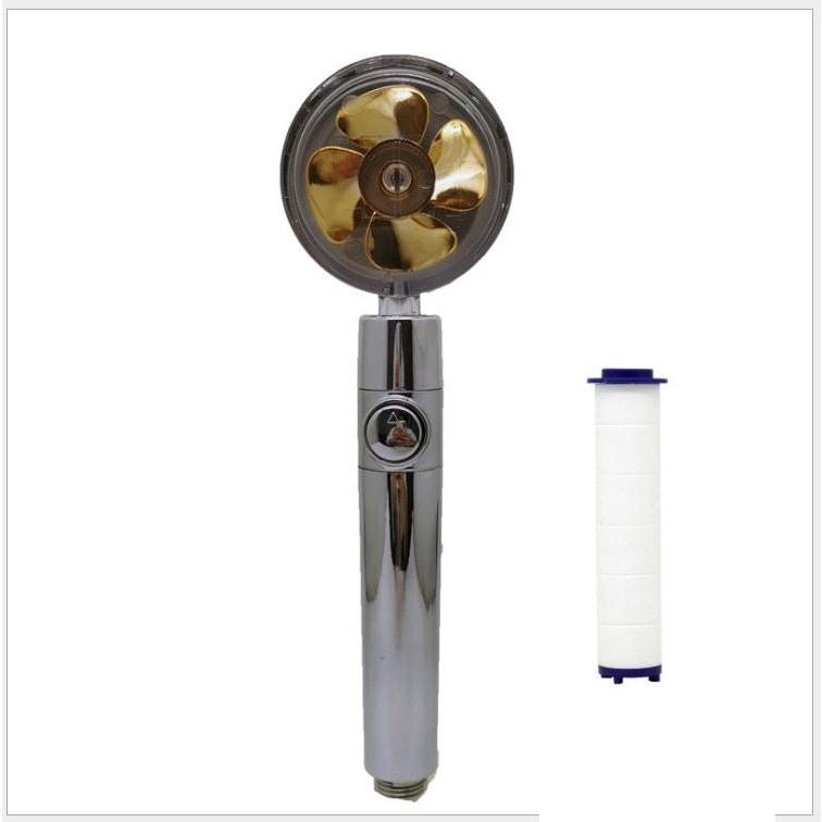 Propeller Driven Shower Head With Stop Button And Cotton Filter Turbocharged High Pressure Handheld Shower Nozzle