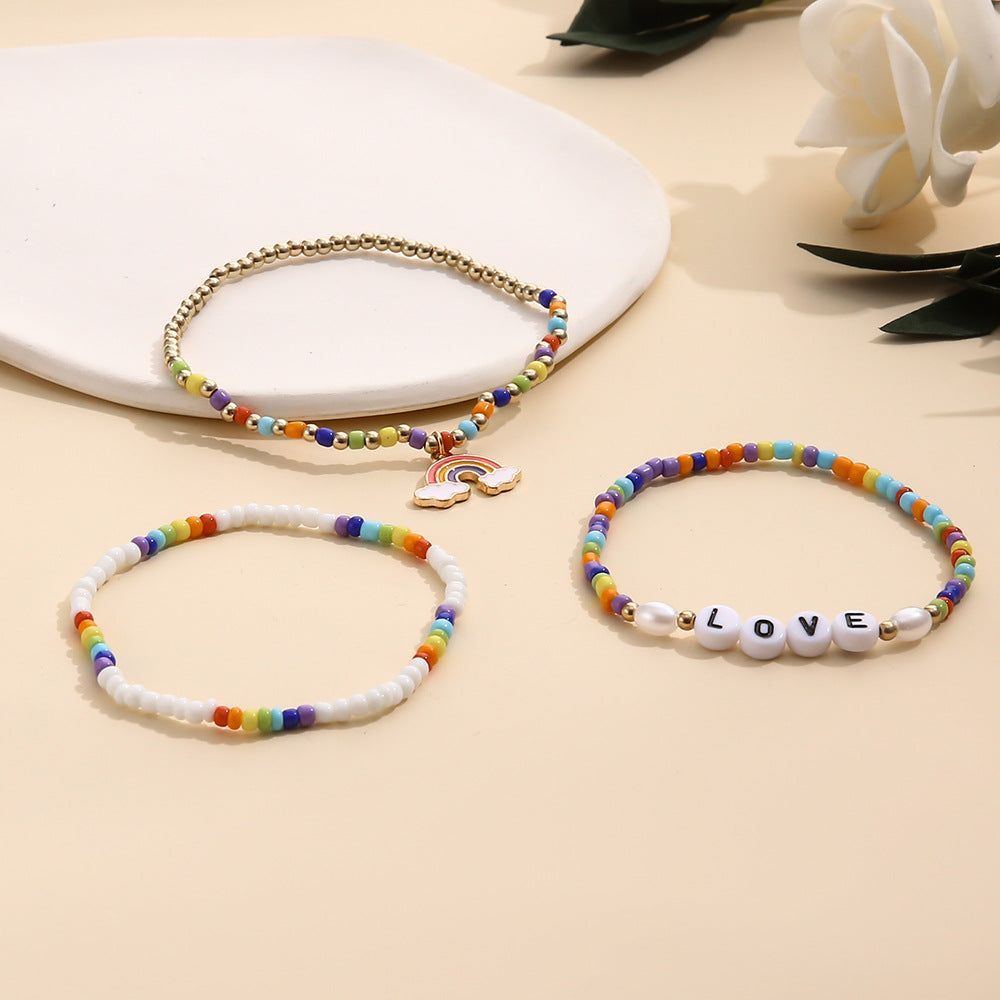 Bohemian Bead Letter LOVE Rainbow Pendant Three-piece Bracelet - Jointcorp