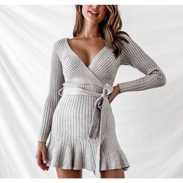 Sexy V Neck Knitted Dresses Women Long Sleeve - Jointcorp