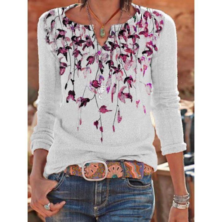 European And American Round Neck Leaves Printed V-neck Casual Loose-fitting T-shirt