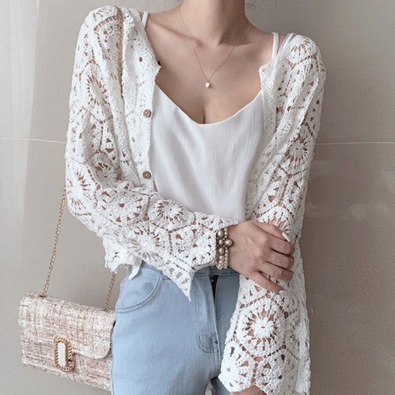 Crochet Lace Shirt Loose Sun Protection Long Sleeves - Jointcorp
