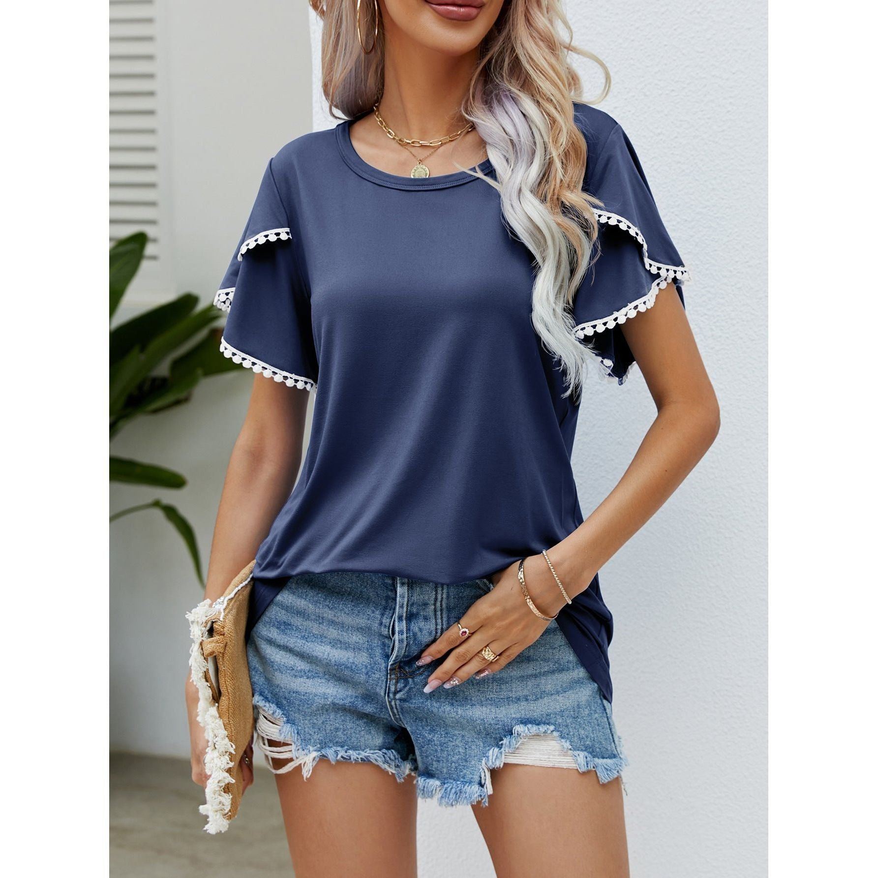 Round Neck Tassel Tulip Sleeve T-shirt Casual Top For Women