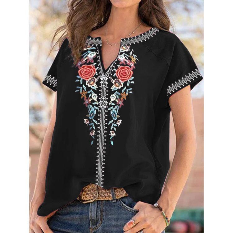 Summer New Ethnic Print Short Sleeve T-shirt Top Women