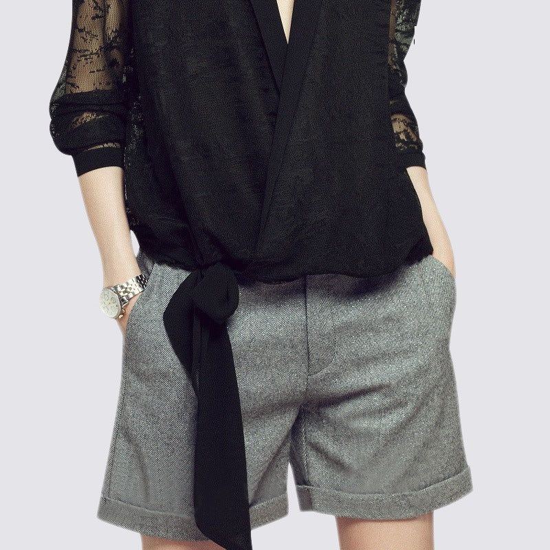 Loose Deep V-neck Hollow-out Long Sleeve Stitching Mesh Top - Jointcorp