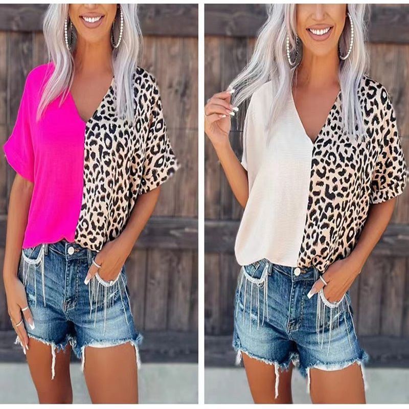 Border Springsummer Style Leopard Splicing Pullover V-neck Short Sleeve Casual Women's T-shirt - Jointcorp