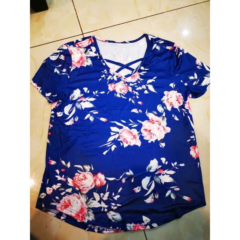Flower Print Cross Front Short Back Long T-shirt