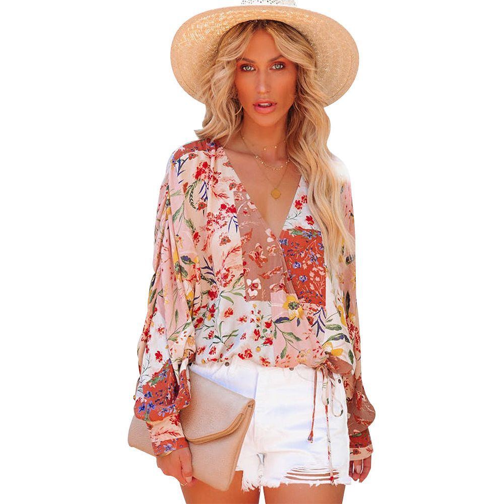 Spring And Summer Floral V-neck Long Sleeve Loose Casual Shirt