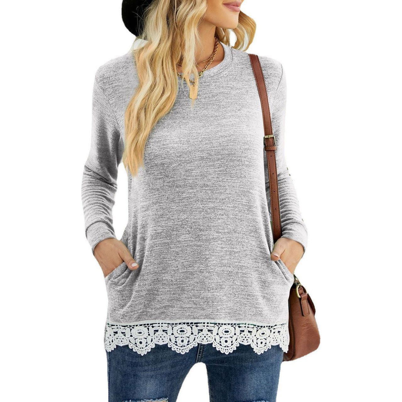 Round Neck Loose Leisure Pullover Pocket T-shirt Lace Stitching Coat