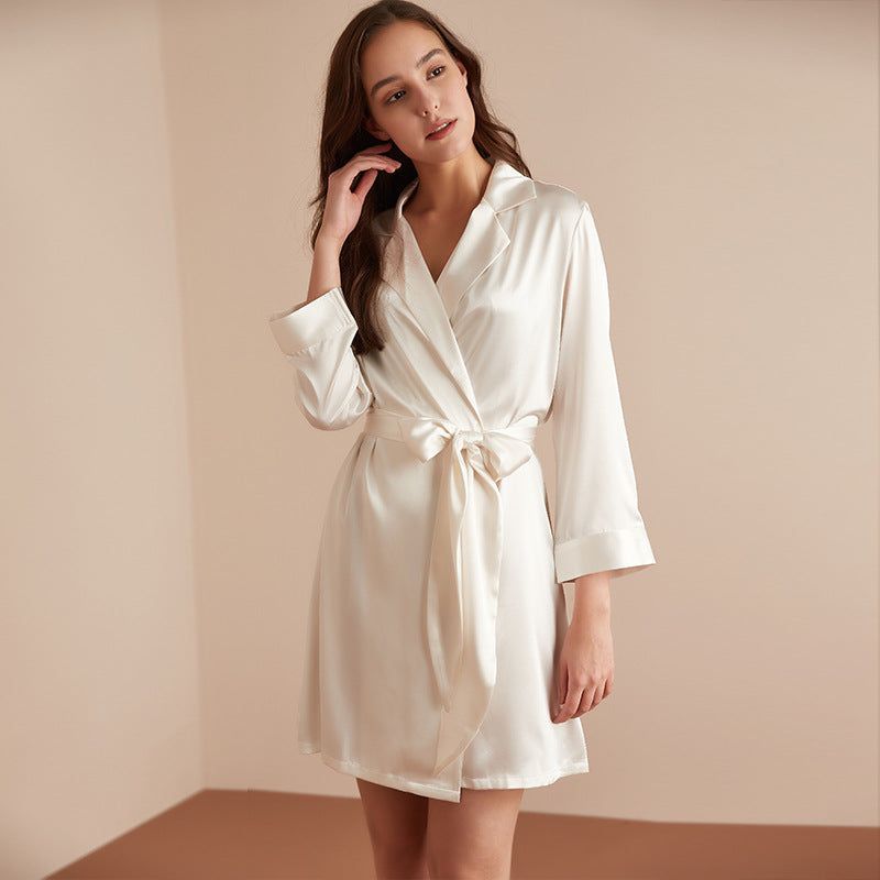 Lace Up Simulation Silk Bathrobe French Satin Pajamas - Jointcorp