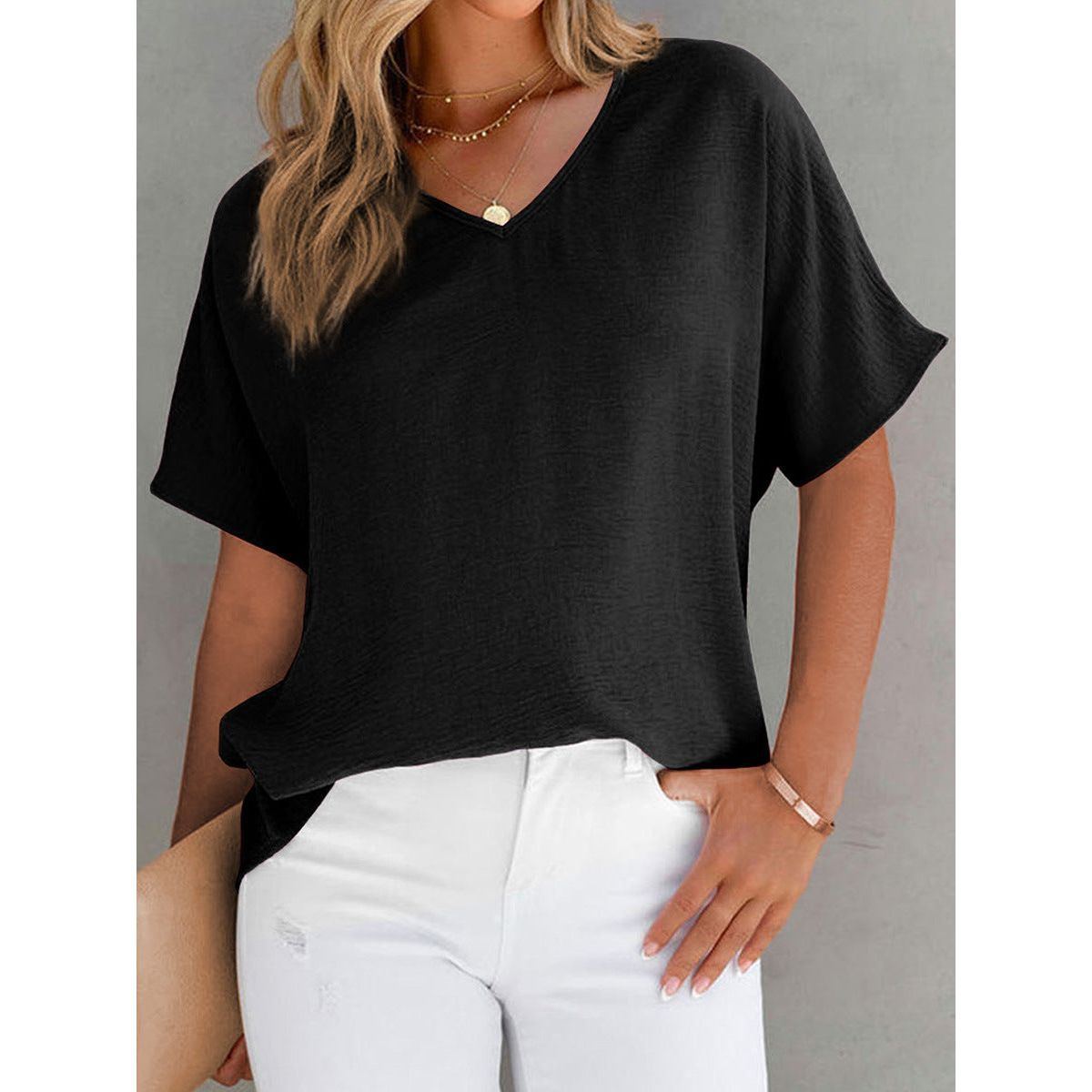 Leisure All-matching Solid Color T-shirt Loose Pullover V-neck Short-sleeved Top