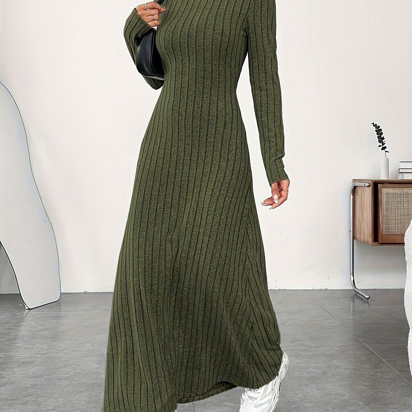 Solid Color Turtle Neck Ribbed Dress, Elegant Long Sleeve Flared Maxi Dress For Spring & Fall, Women's Clothing
