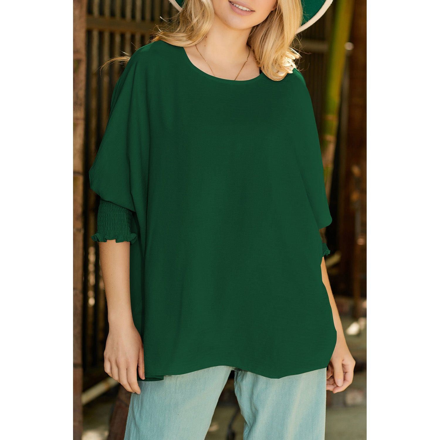 White Plain & Casual Shirred Cuffs Half Sleeve Top