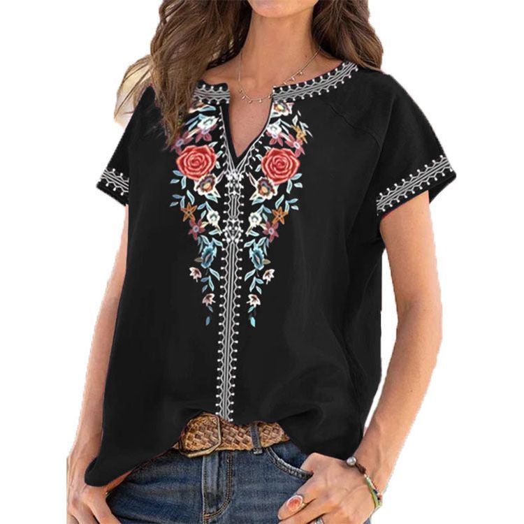Summer New Ethnic Print Short Sleeve T-shirt Top Women