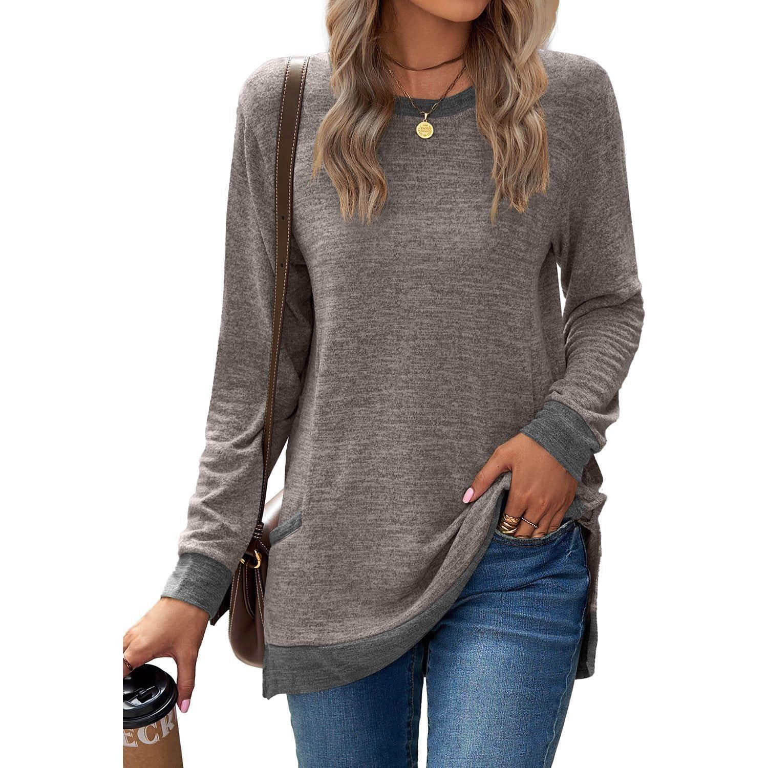Round Neck Multicolor Pocket Long Sleeve Pullover Top Loose-fitting Casual T-shirt
