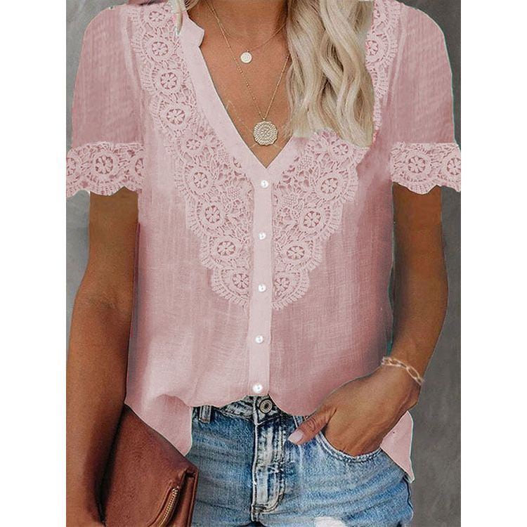 Summer New Women's Lace Stitching Tencel Short Sleeve Shirt