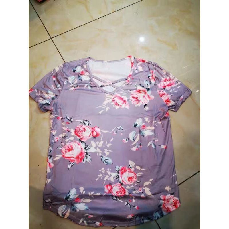 Flower Print Cross Front Short Back Long T-shirt