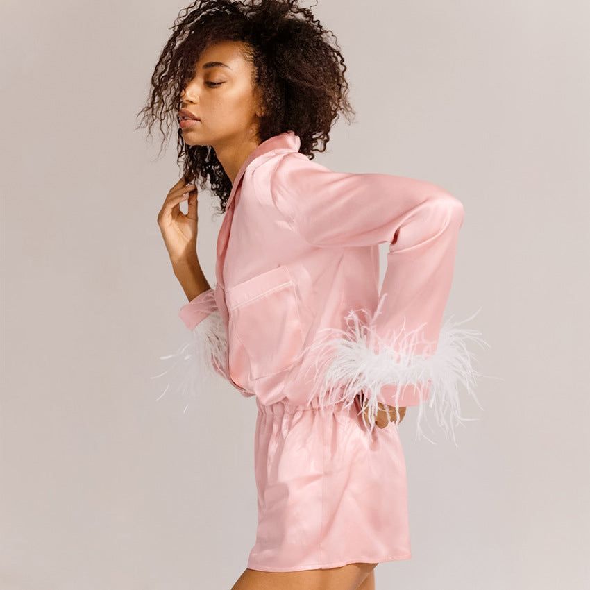 Ice And Snow Silk Blue Feather Suit Pajamas - Jointcorp