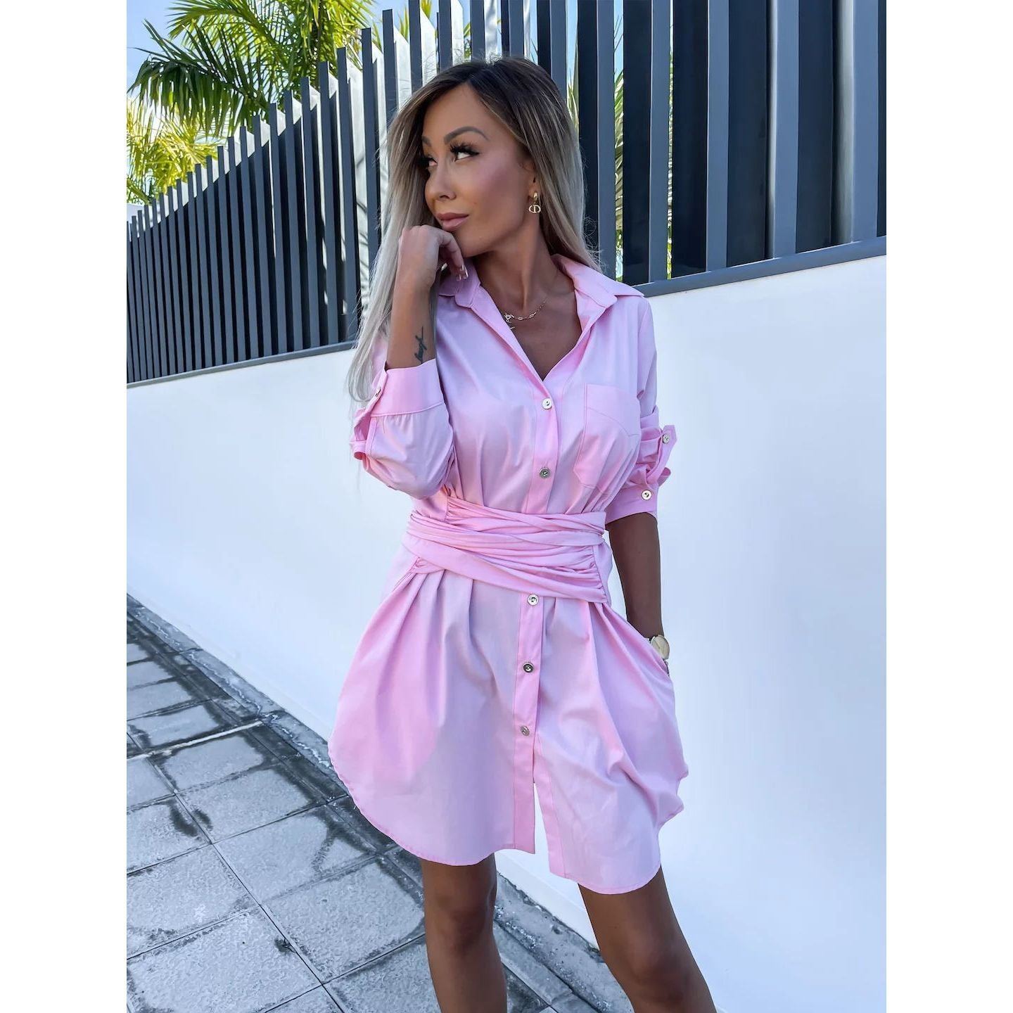 Multi-Color Rolled Sleeves Shirt Dress Women