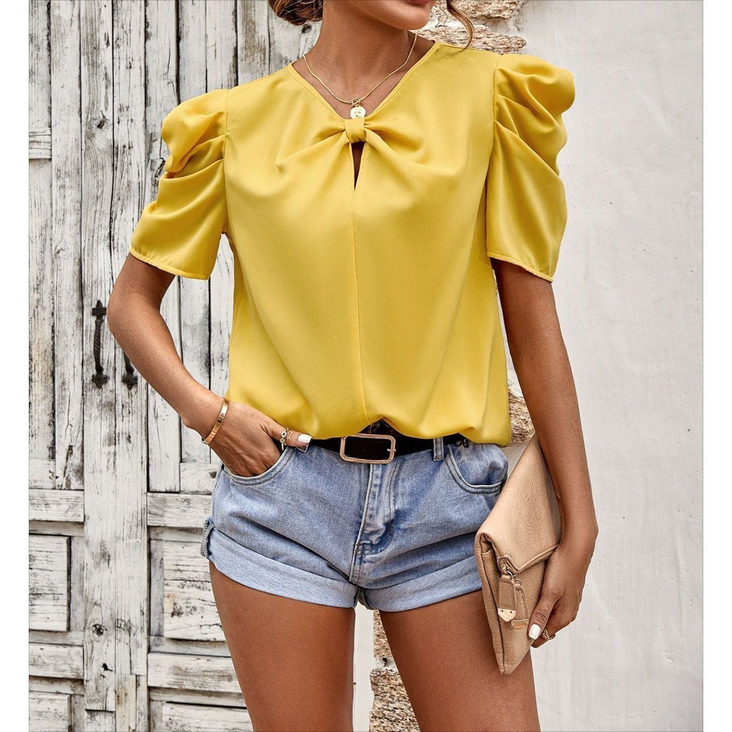 Solid Color Puff Sleeve V-neck Slim-fitting New Women's Shirt