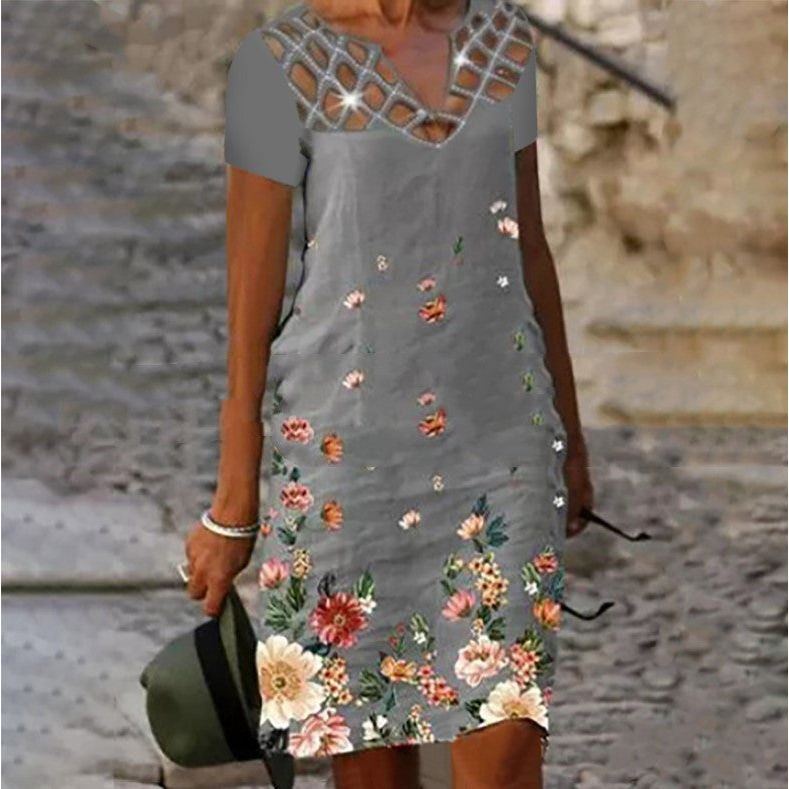 Fashion V-neck Printed Hollow Hot Bead Linen Dress - Jointcorp