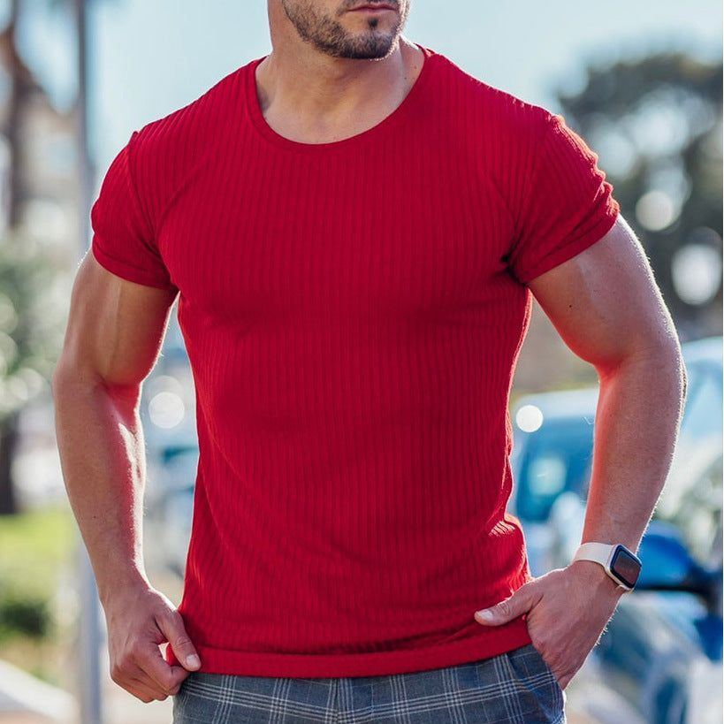Men's Summer Sports Fitness Casual Stand Collar Elastic Vertical Bar Round Neck Short Sleeve T-shirt - Jointcorp