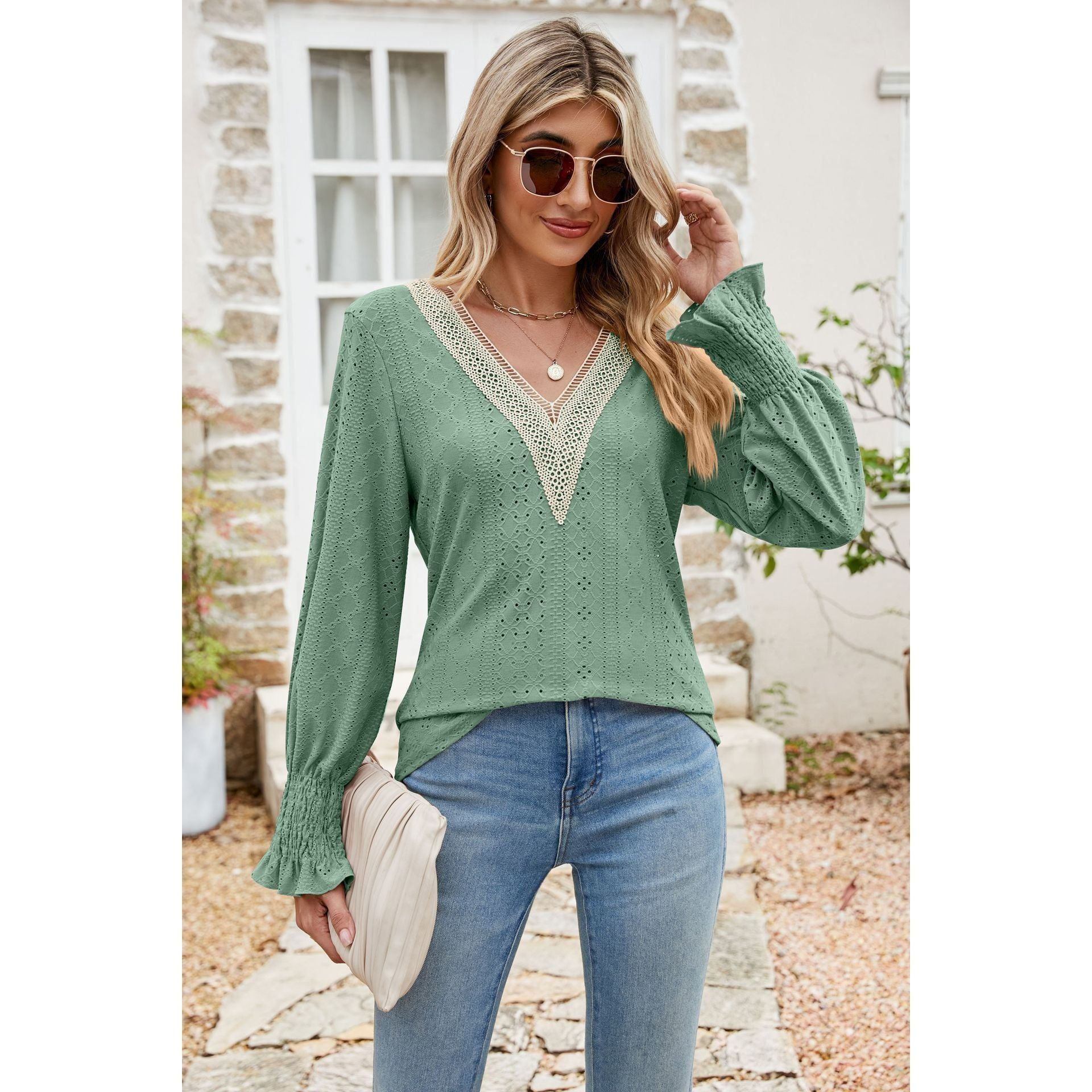 Solid Color Lace V-neck Patchwork Long Sleeve Loose-fitting T-shirt Top