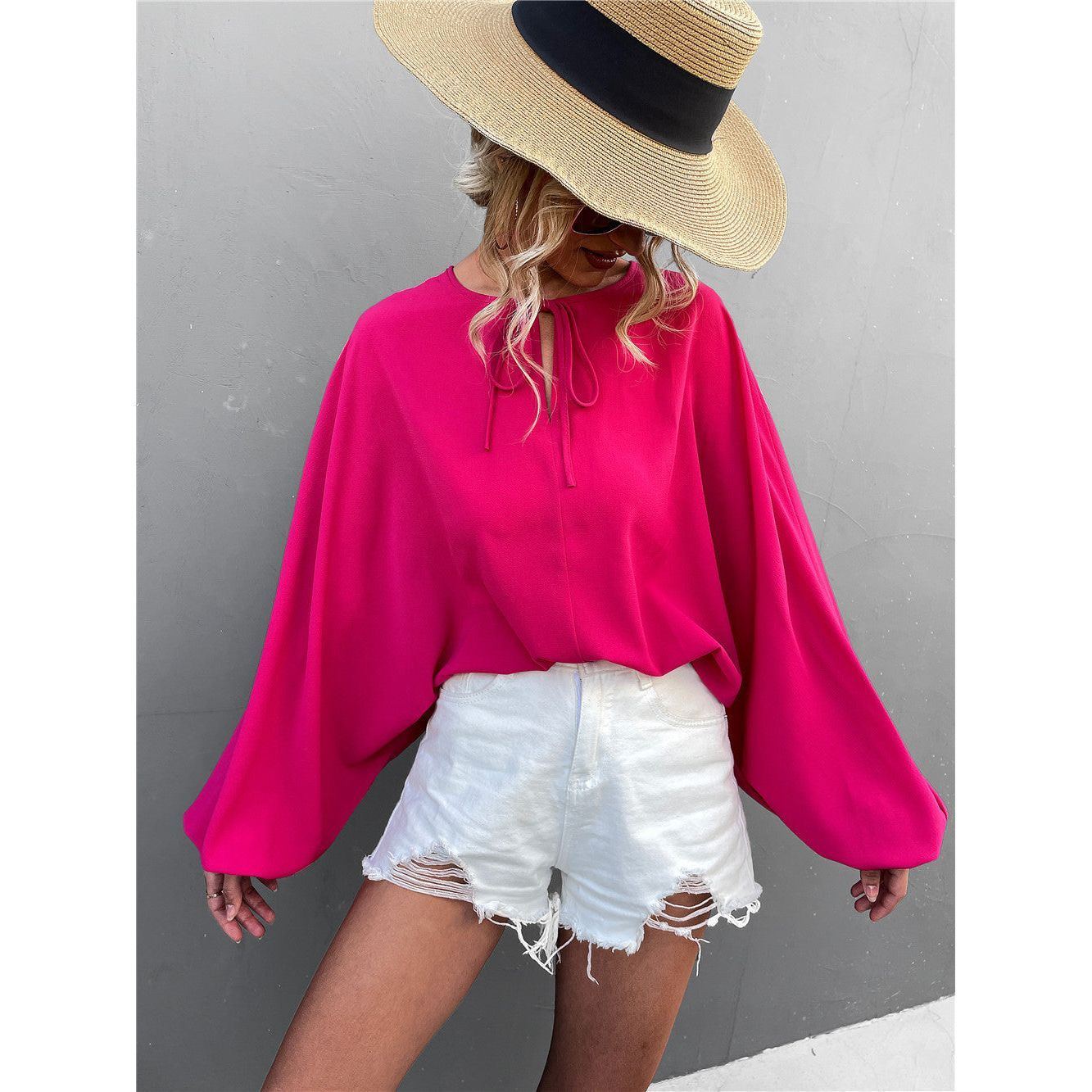 Lantern Sleeve Tied V-neck Loose Casual Top Women