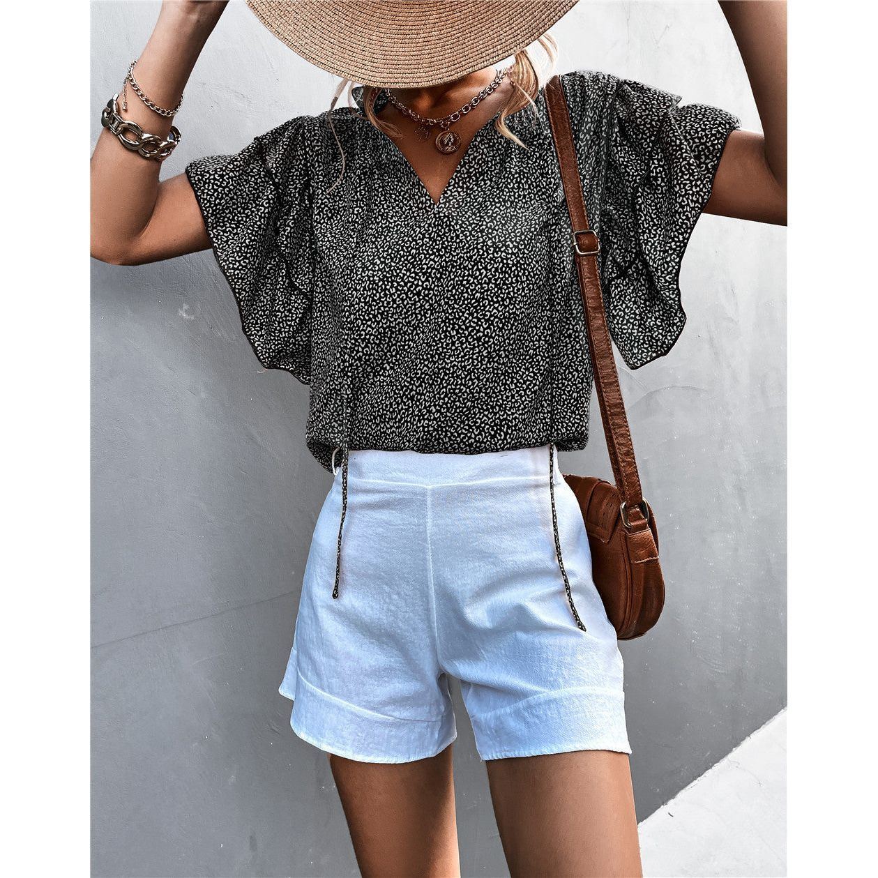 Tied V-neck Leopard Print Top Casual T-shirt - Jointcorp