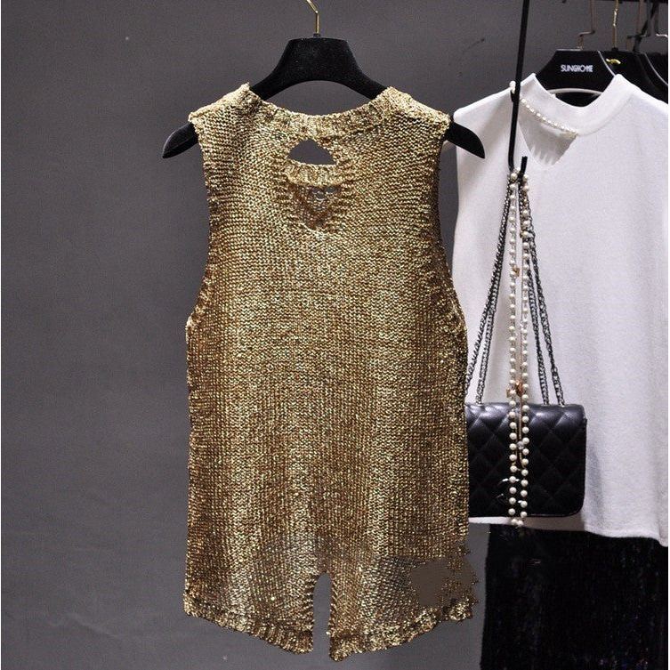 Hollow-out Crew Neck Split Sequin Sling Vest Sleeveless Top