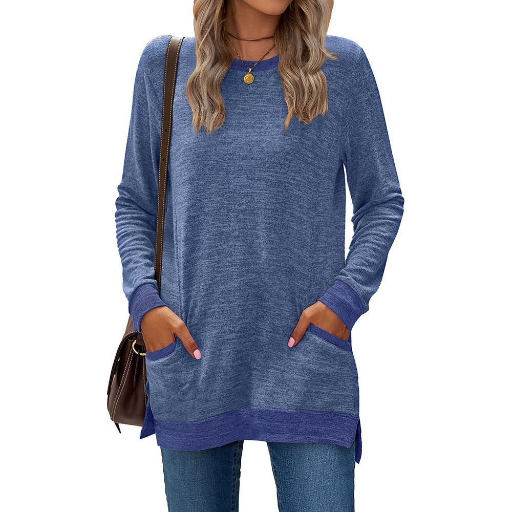 Round Neck Multicolor Pocket Long Sleeve Pullover Top Loose-fitting Casual T-shirt