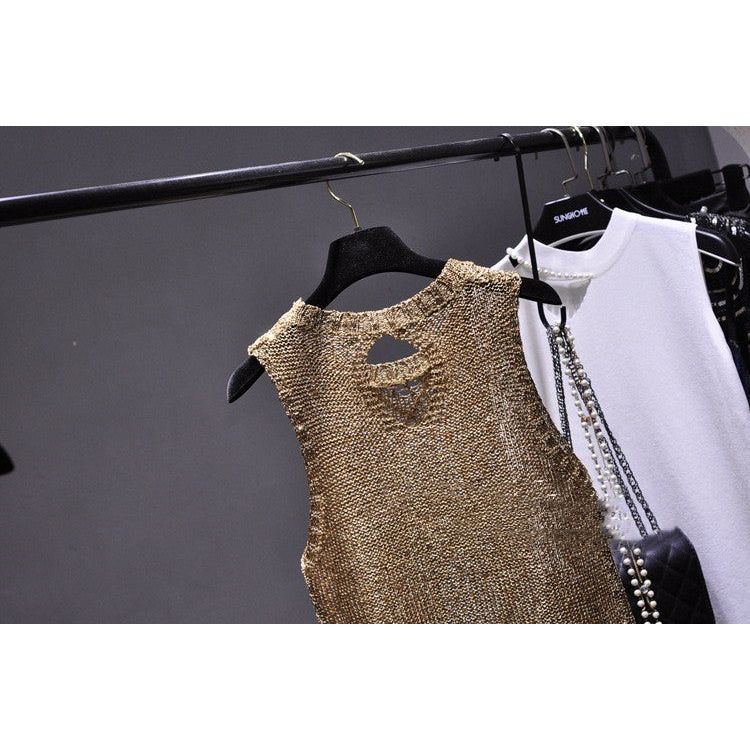 Hollow-out Crew Neck Split Sequin Sling Vest Sleeveless Top