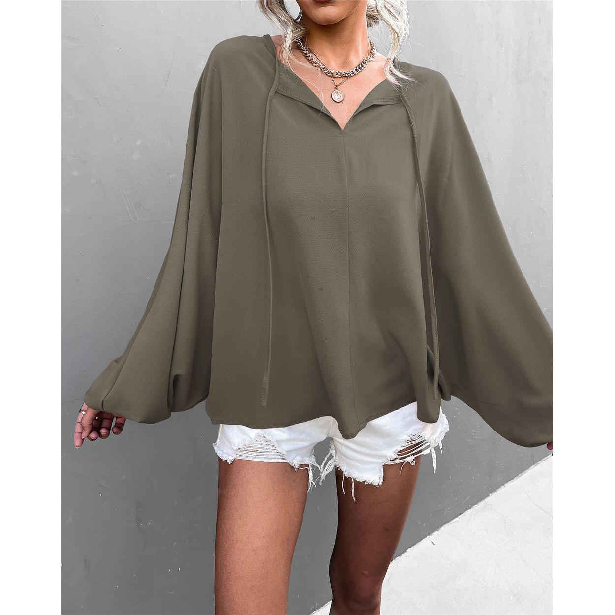 Lantern Sleeve Tied V-neck Loose Casual Top Women