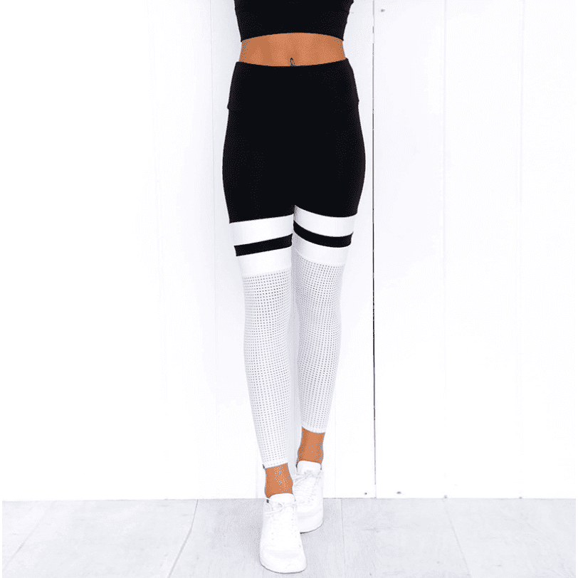 Yoga leggings black and white stitching hip breathable mesh yoga pants - Jointcorp