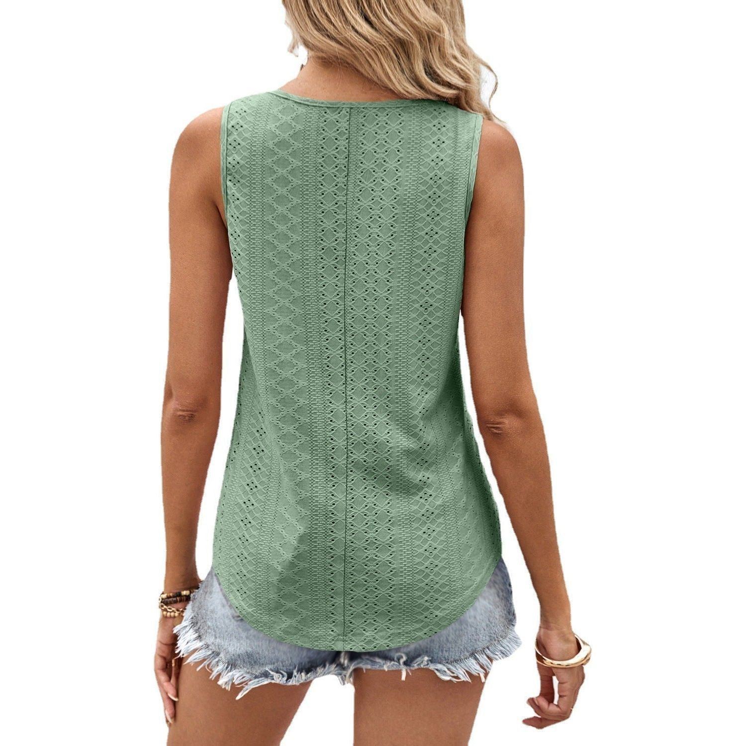 Hollow Breathable And Loose Slimming V-neckline Knitted Jacquard Cross Tied Top - Jointcorp