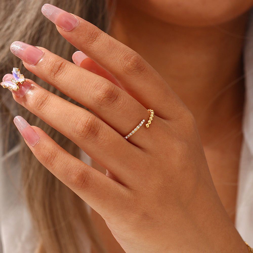 Women's Stainless Steel Asymmetric Beads Open-end Zircon Ring - Jointcorp