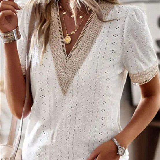 Women's V-neck Lace Loose Top Hollow Out Short Sleeve Shirt - Jointcorp