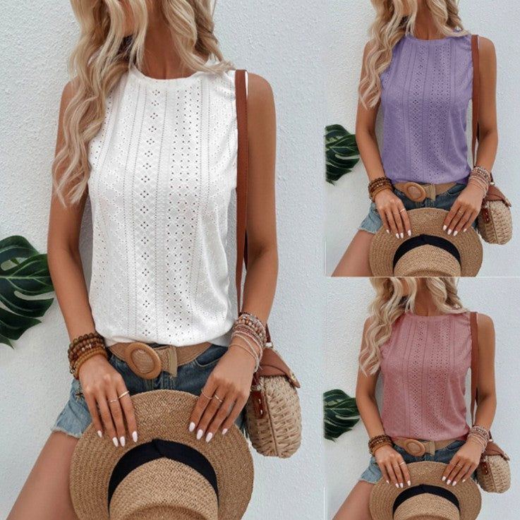 Women's Clothes Round Neck Vest Hole Hollow-out Sleeveless Casual Top