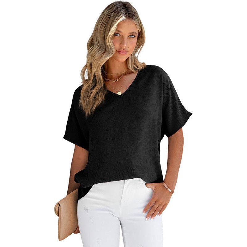 Leisure All-matching Solid Color T-shirt Loose Pullover V-neck Short-sleeved Top