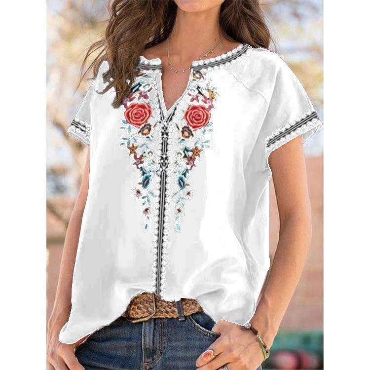 Summer New Ethnic Print Short Sleeve T-shirt Top Women