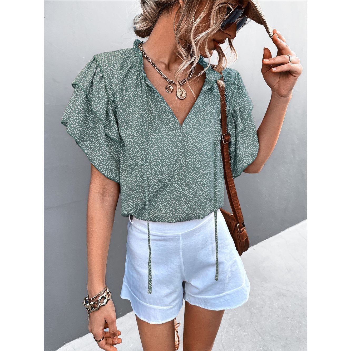 Tied V-neck Leopard Print Top Casual T-shirt - Jointcorp