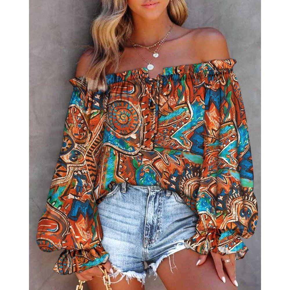 Women's Printed Ruffle Collar Off-the-shoulder Shirt