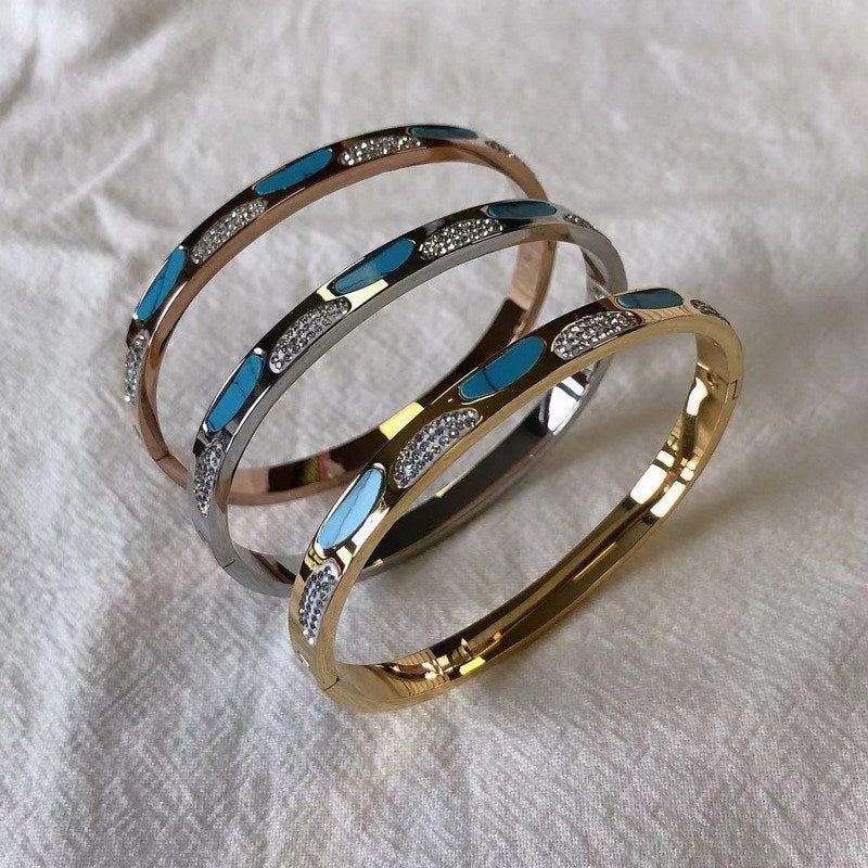 Titanium Steel Diamond Peacock Blue Color Buckle Bracelet - Jointcorp