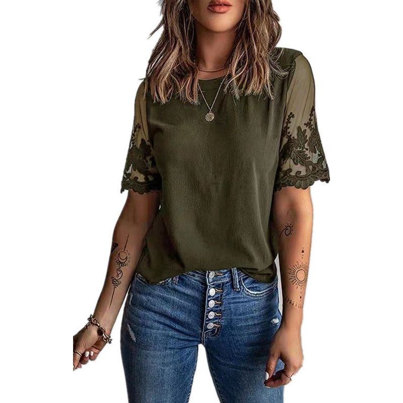Women's Round Neck Short Sleeve Top Lace Chiffon Shirt - Jointcorp