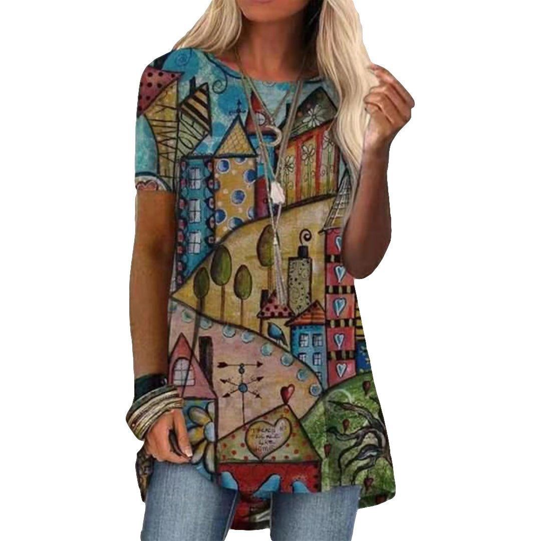 Crew Neck Casual Ethnic Style Vintage Print Short Sleeves T-shirt