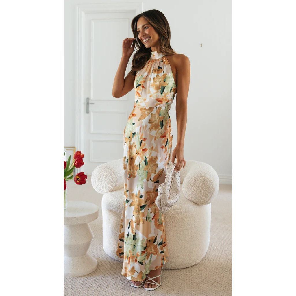 Women's Fashion Tie Halter Lace-up Backless Print Dress - Jointcorp